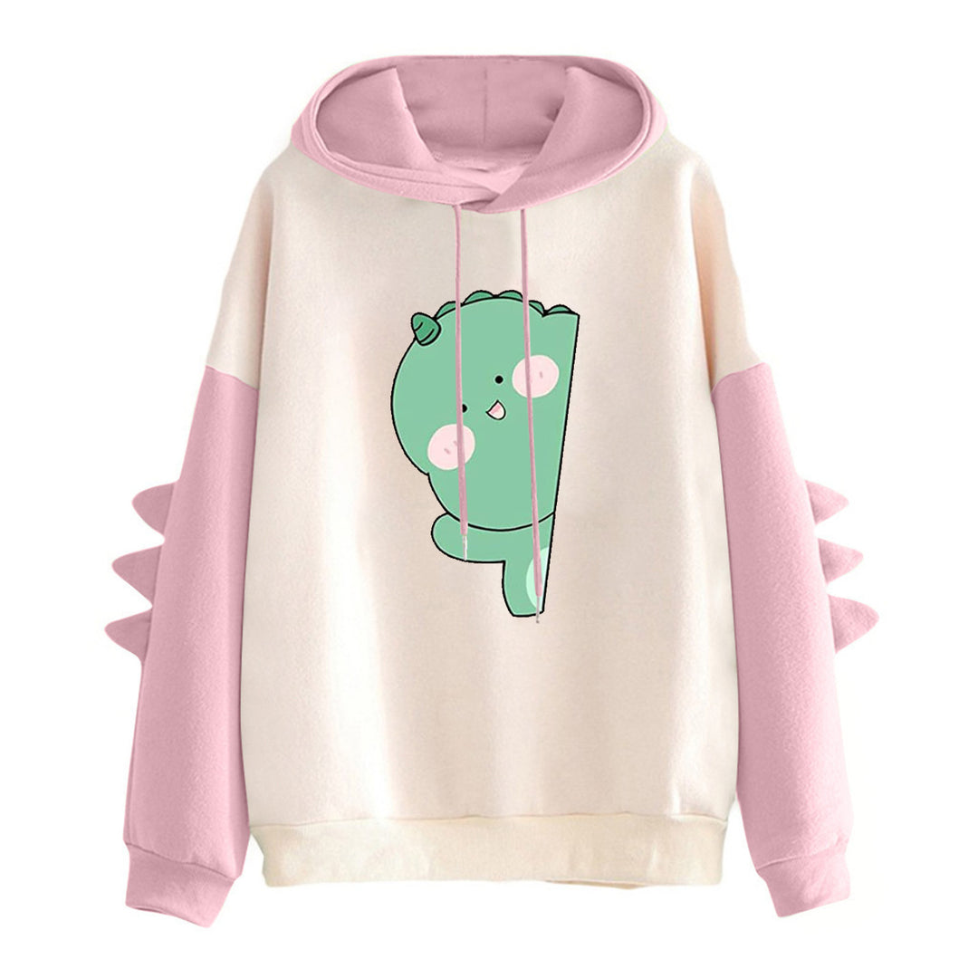 Damen nan weiter Kapuzenpullover mit dreidimensionalen Rückenstacheln und niedlichem Dino-Print EB