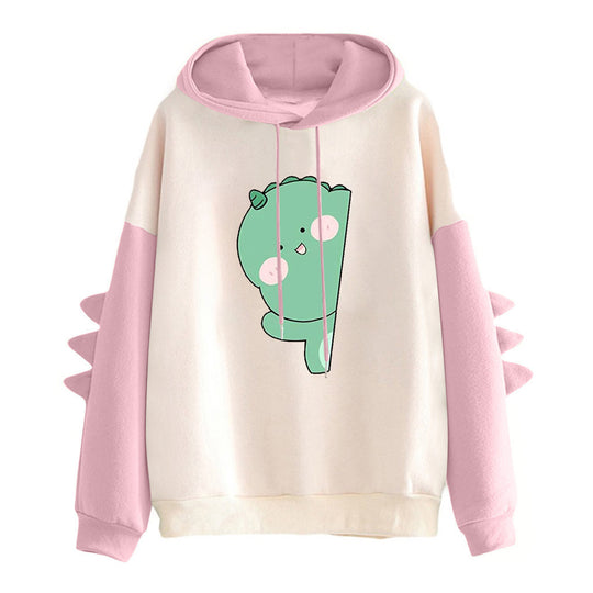 Damen nan weiter Kapuzenpullover mit dreidimensionalen Rückenstacheln und niedlichem Dino-Print EB