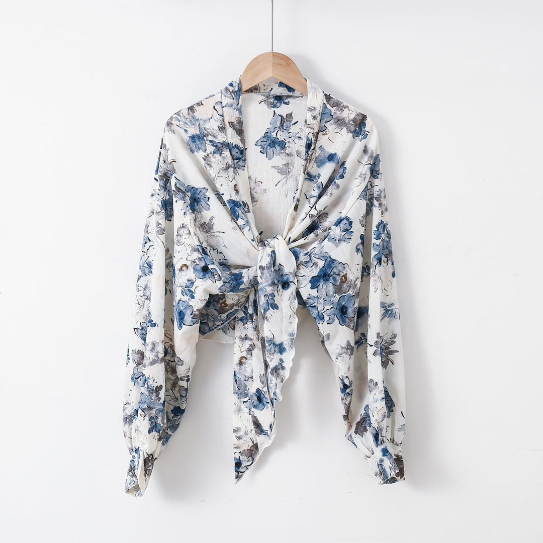 Damen nan florale Knoten-Bluse im Wickelstil mit Ballonärmeln und leichter Leinenoptik EB