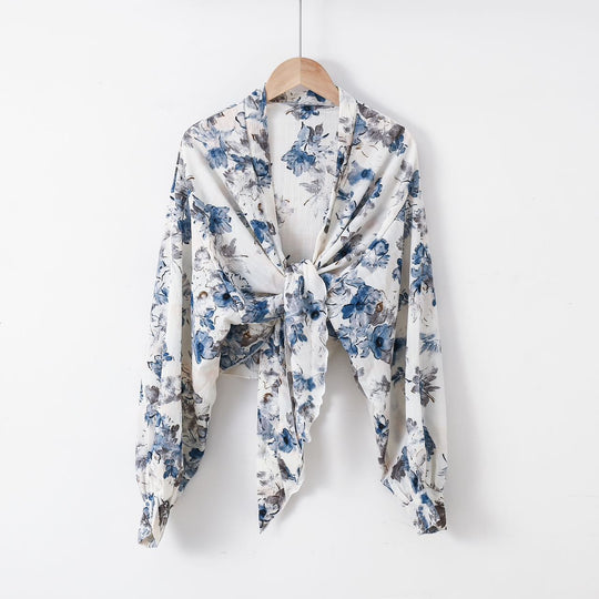 Damen nan florale Knoten-Bluse im Wickelstil mit Ballonärmeln und leichter Leinenoptik EB