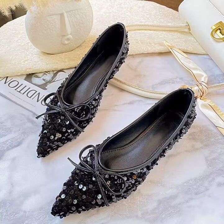 Damen funkelnde Ballerinas mit spitzem Zehenbereich und dekorativem Paillettenschmuck EB