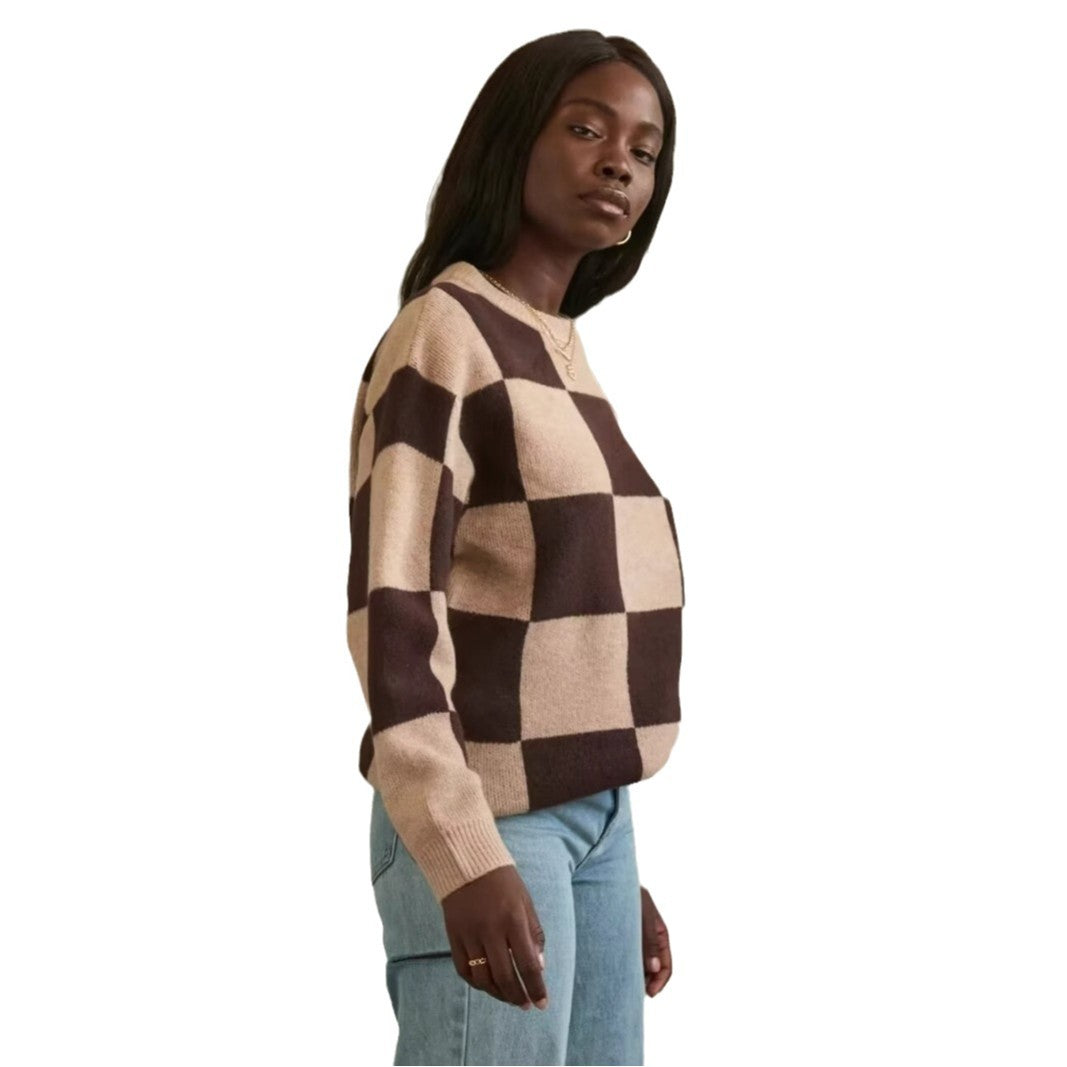 Damen modischer Pullover mit grafischem Karomuster und Rundhalsausschnitt EB