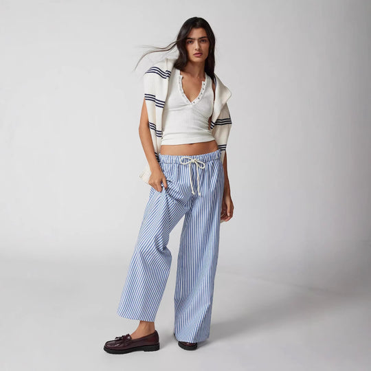 Damen Weite Streifenhose mit elastischem Bund und Bindegürtel EB