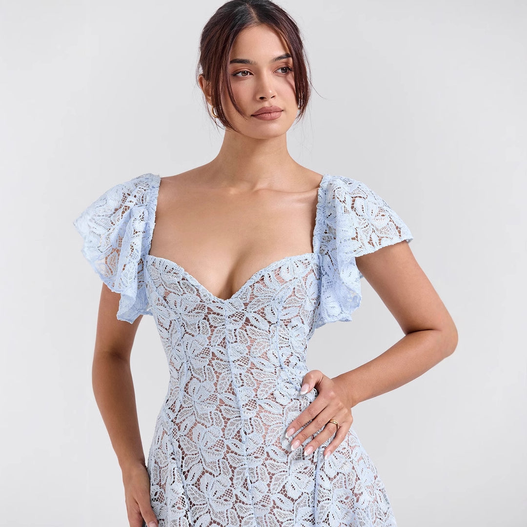 Damen Midikleid mit romantischer Spitzenstruktur und voluminösen Ärmeln EB