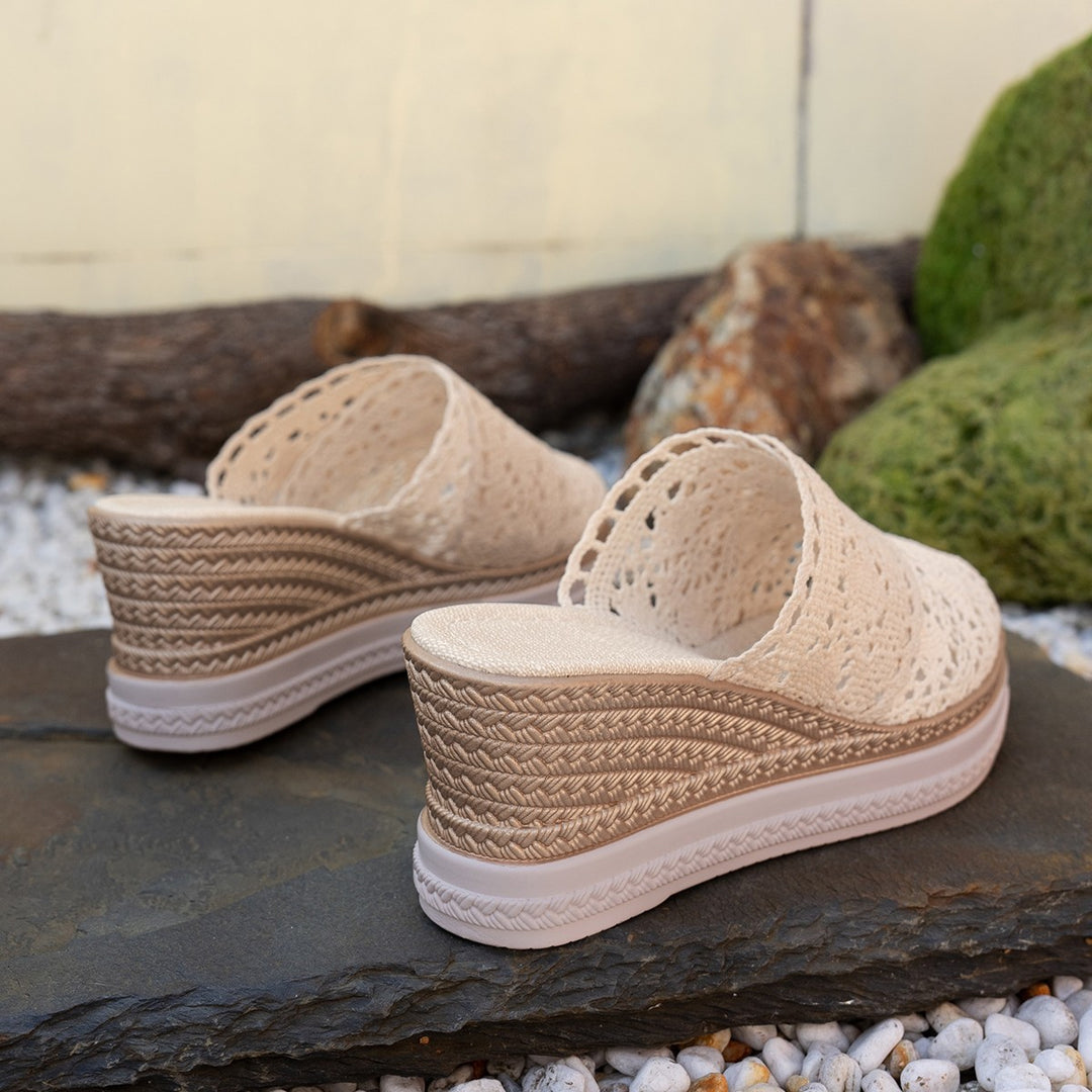 Damen  gehäkelte Plateau-Mules mit Jute-Optik Keilsohle und atmungsaktivem Komfortfutter EB