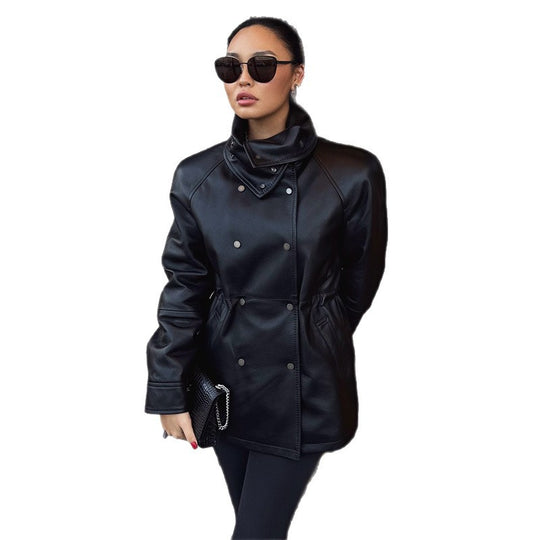 Damen Modische Kunstlederjacke mit hohen Kragen und praktischen Taschen EB