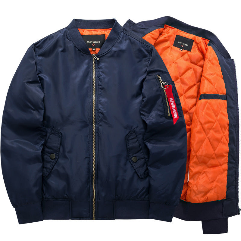 Men's  minimalist nylon flight bomber with low-profile front pockets and zip sleeve tag EB