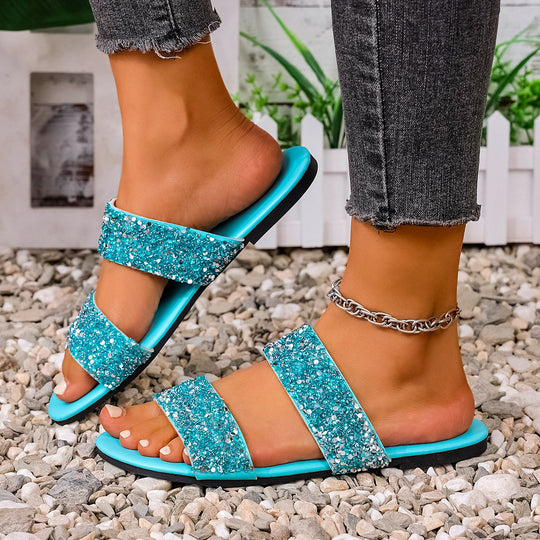 Damen modische Slide-Sandalen mit funkelnden Strassdetails EB