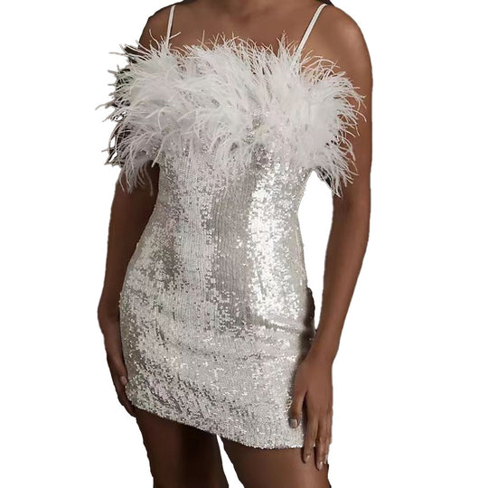 Damen Partykleid mit Pailletten und Federdetails EB