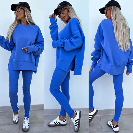 Damen komfortables Oversize-Lounge-Set mit langem Sweatshirt, gerippten High-Waist-Leggings und verlängerten Bündchen EB