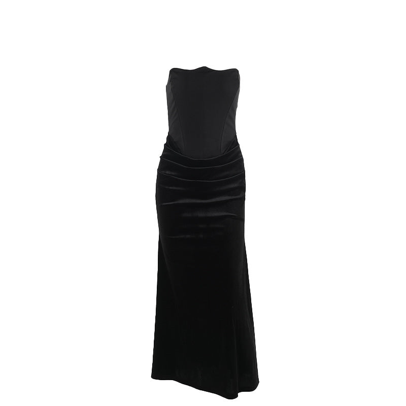 Damen elegantes A-Linien-Maxikleid mit gerafftem Oberteil und trägerlosem Design EB