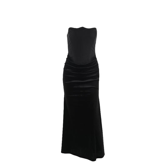 Damen elegantes A-Linien-Maxikleid mit gerafftem Oberteil und trägerlosem Design EB