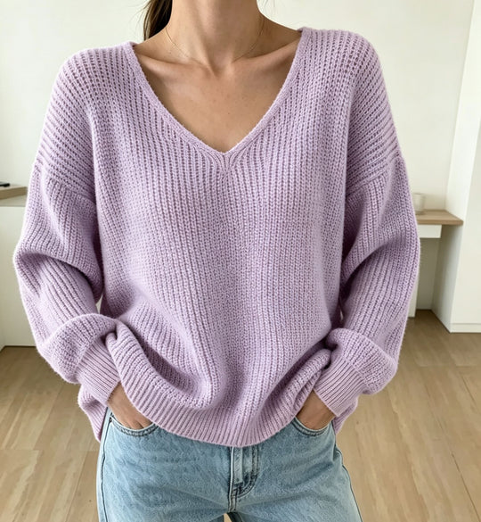 Damen Lässiger Boxy-Grobstrickpullover mit V-Ausschnitt und gerippten Bündchen EB