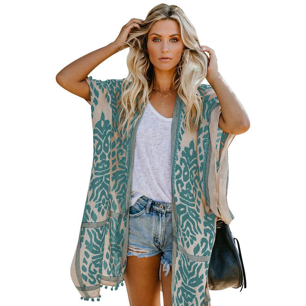 Damen Luftige Kimono-Cardigan mit aufwändigem Muster und fransenbesetzten Saum EB