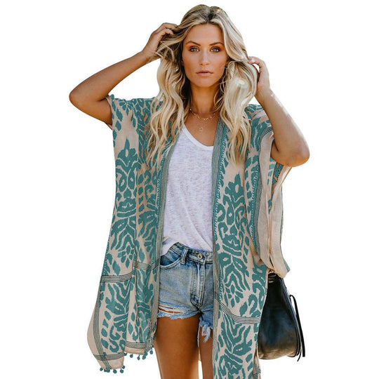 Damen Luftige Kimono-Cardigan mit aufwändigem Muster und fransenbesetzten Saum EB