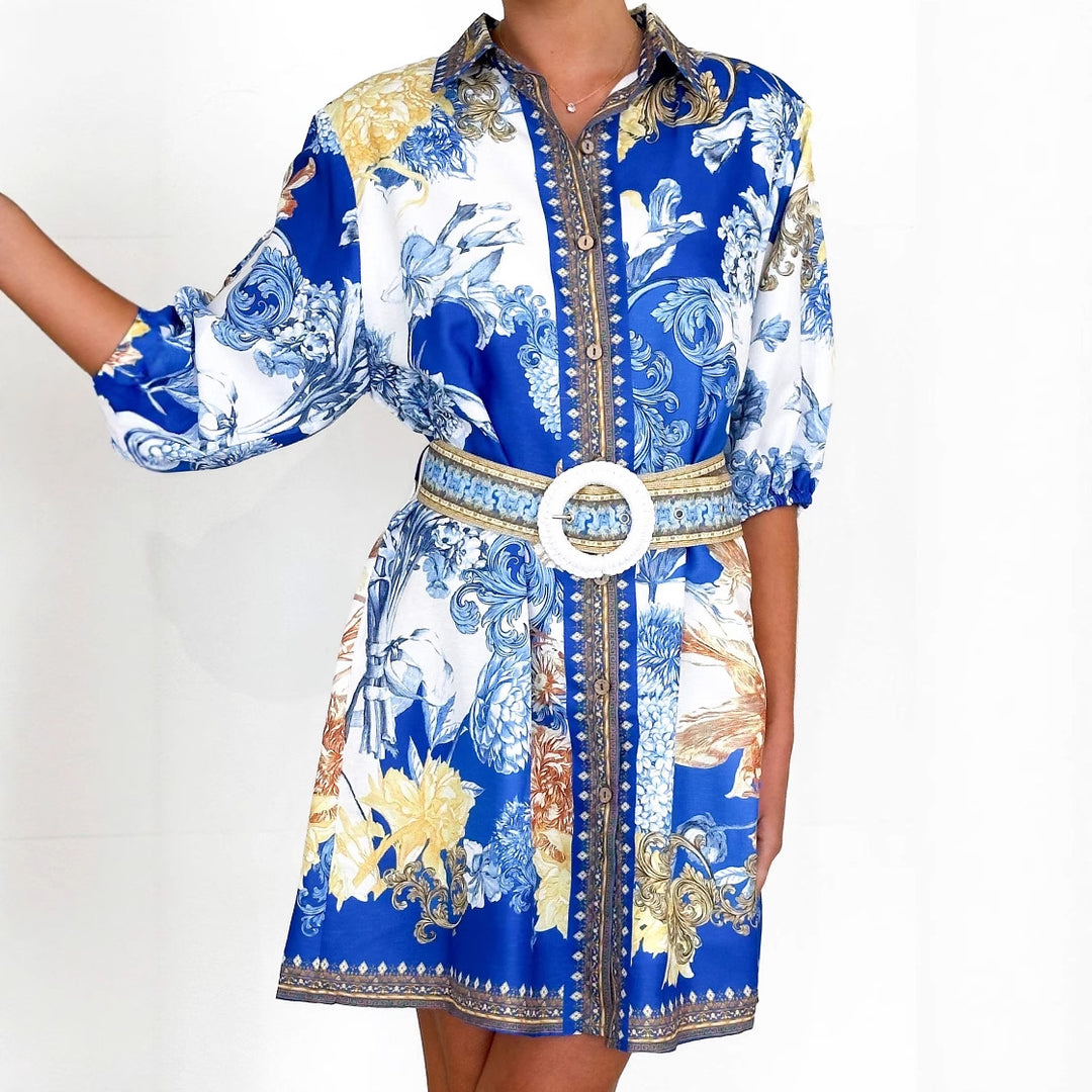 Damen Blusenkleid mit floralem Muster und Taillengürtel EB