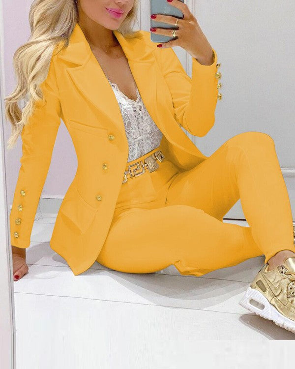 Damen Taillierter Zweiteiler Blazer mit Goldknöpfen und Slim-Fit Hose EB