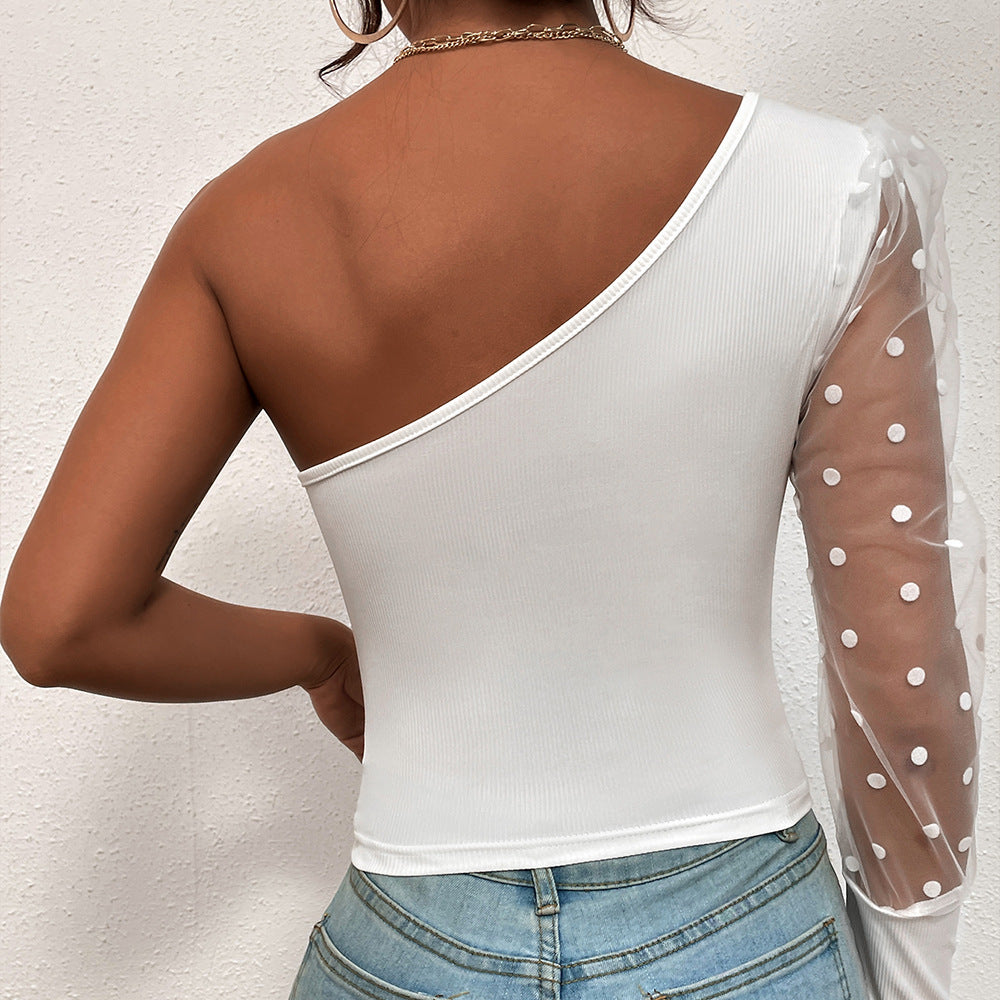 Damen elegantes Oberteil mit asymmetrischem Schnitt und transparenten Puffärmeln EB