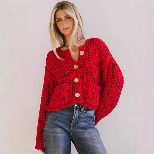 Damen Strickjacke mit dekorativen Knöpfen und praktischen Taschen EB
