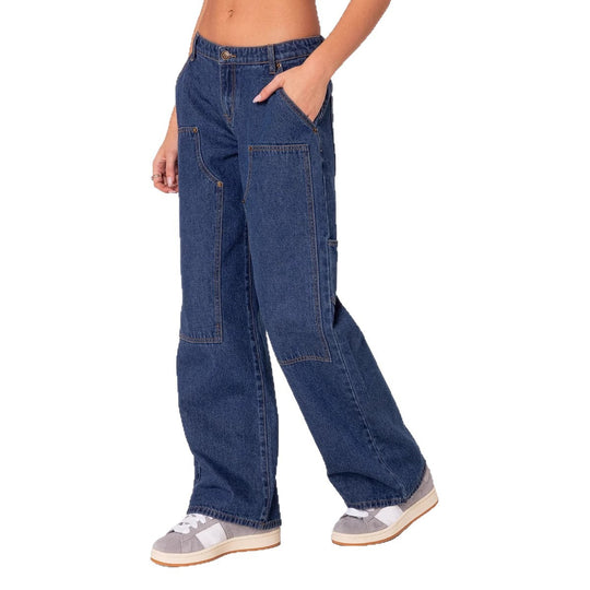 Damen Weit geschnittene Utility-Jeans mit praktischen Taschen und hohem Bund EB