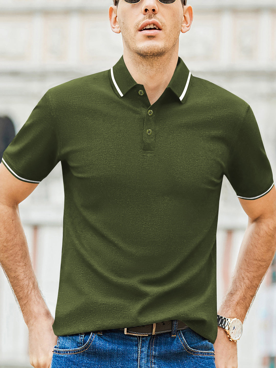 Herren Kurzarm-Polohemd mit modernem Bicolor-Kragen und atmungsaktiver Baumwollqualität EB