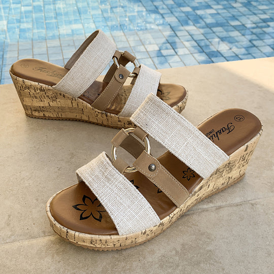Damen Wedge-Sandalen mit dekorativem Riemen und Kork-Optik EB
