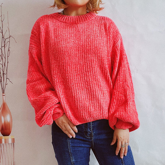Damen Grobstrickpullover mit romantischem Rippenmuster und weiten Ärmeln EB