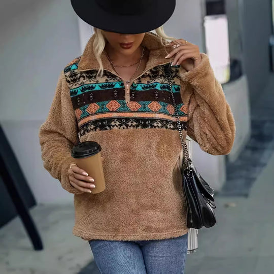 Damen Fleece-Pullover mit floralem Muster und praktischem halbhohem Reißverschluss EB