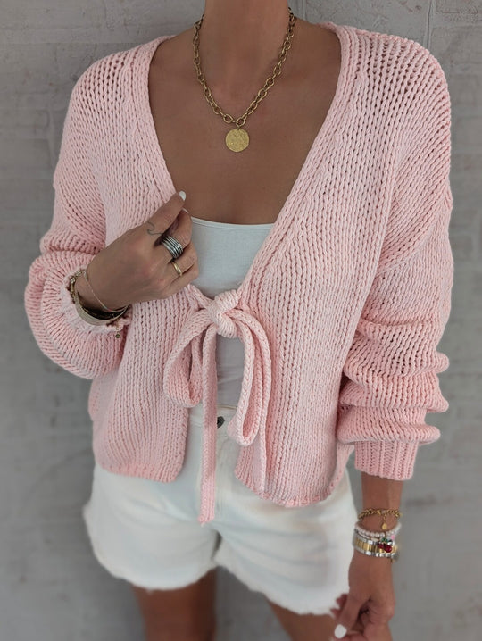 Damen lässige Strickjacke mit Bindeverschluss und weiten Ärmeln EB