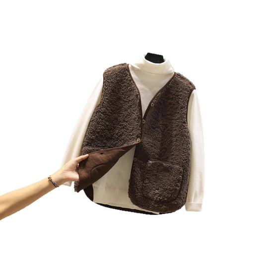 Damen Ärmellose Teddyweste mit Knopfleiste und aufgesetzten Taschen EB