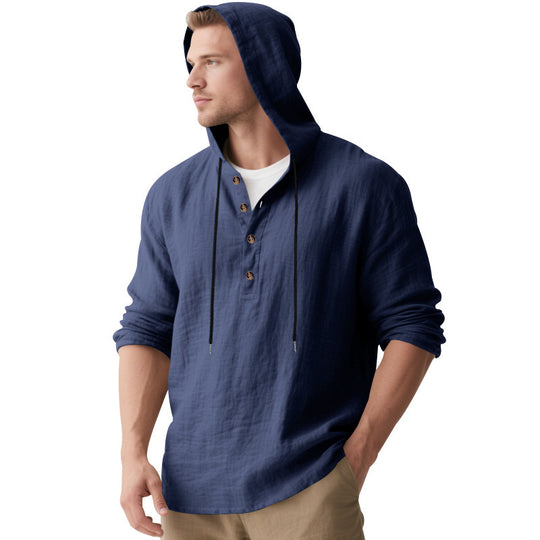 Herren nan lässiges Kapuzen-Henley Leinenmix Overshirt mit Kordelzug EB