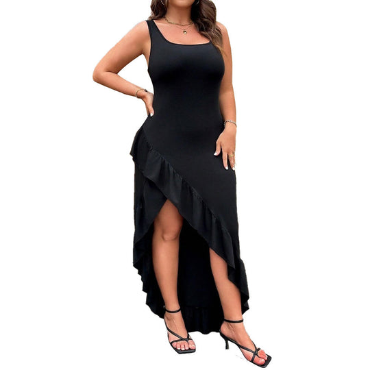 Damen elegantes Maxikleid mit asymmetrischem Saum und Rüschendetails EB