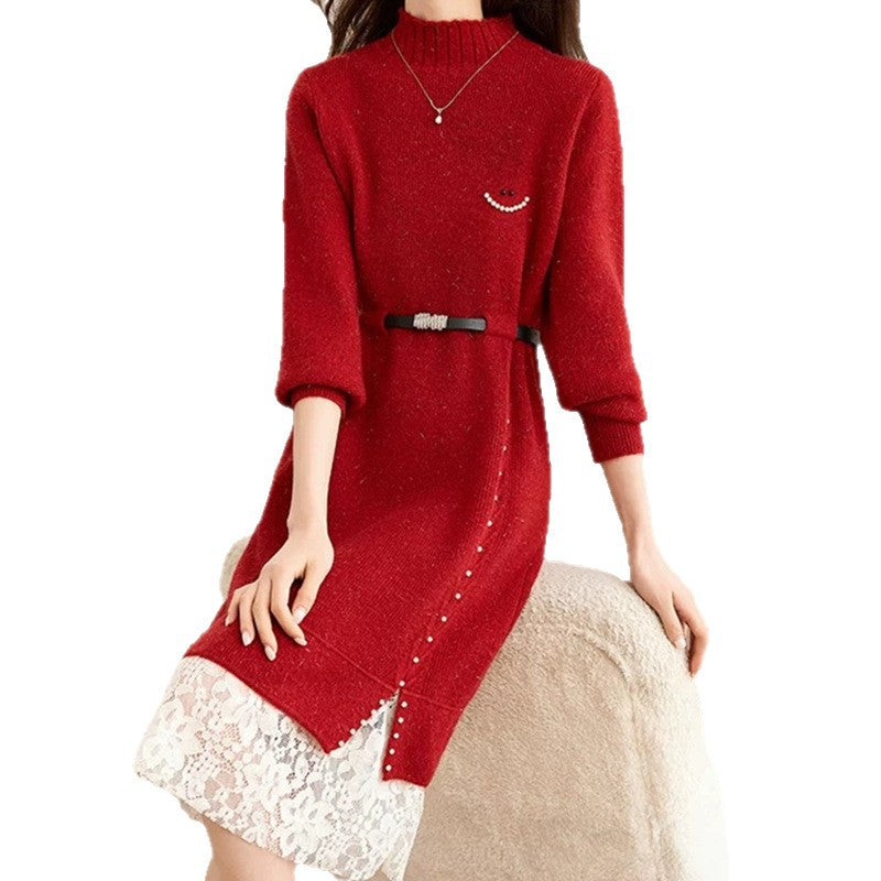 Damen Strickkleid mit dekorativen Knopfdetails und Spitze EB