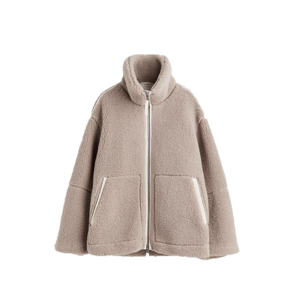 Damen oversized Fleecejacke mit hochschließendem Kragen und praktischen Taschen EB