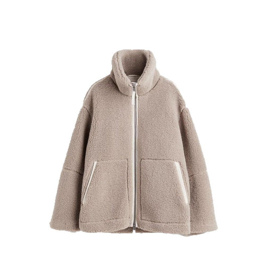 Damen oversized Fleecejacke mit hochschließendem Kragen und praktischen Taschen EB