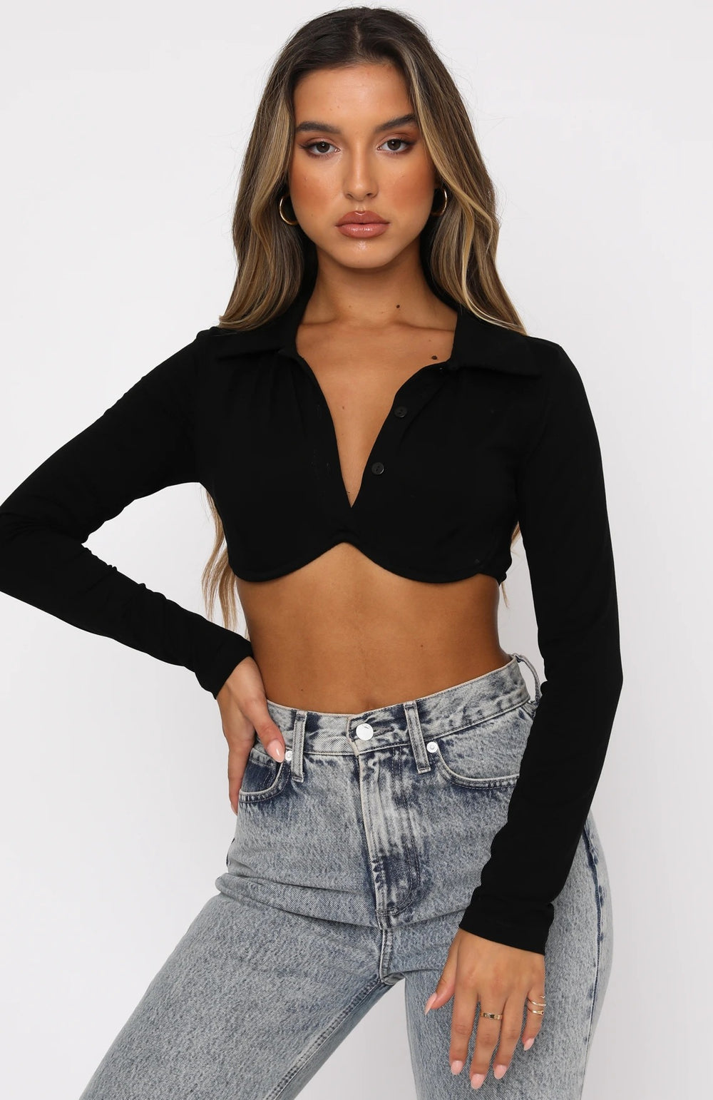 Damen figurbetontes Langarmshirt mit klassischem Kragen EB