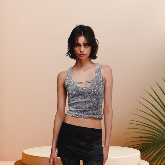 Damen Glitzerndes Crop-Top mit schimmerndem Effekt und scoop-cut Ausschnitt EB