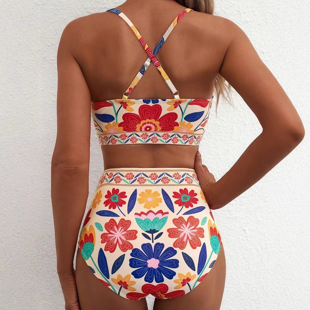 Damen Hoch geschnittener Bikini mit floralem Muster und Leo-Print EB