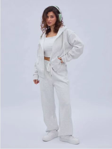 Damen nan zweiteiliges Cozy-Loungewear-Set mit Reißverschlusskapuze, taillenhoher Weitbein-Jogger und verdeckten Eingrifftaschen EB