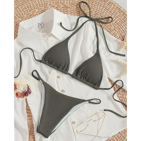 Damen Triangel-Bikini-Set mit verstellbaren Schnüren und feinem Strukturmuster EB