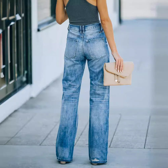 Damen Weit geschnittene Jeans mit Distressed-Effekten und hohem Bund EB