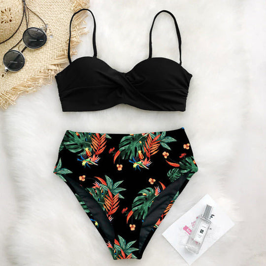 Damen Hochtailliertes Bikini-Set mit Raffungen und floralem Design EB