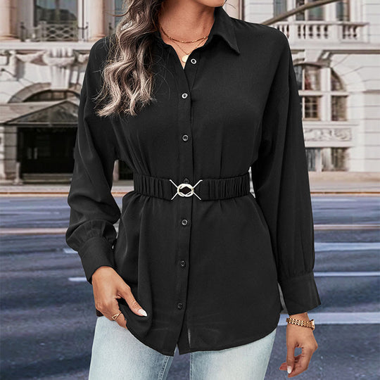 Damen Bluse mit taillierbarem Gürtel und klassischem Knopfdesign EB