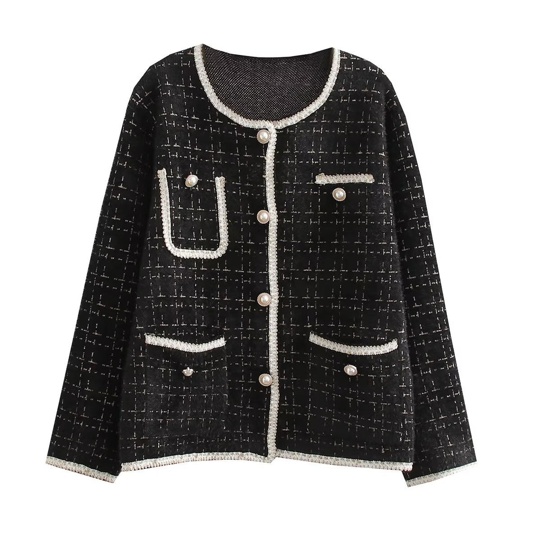 Damen Strukturierte Bouclé-Jacke mit dekorativen Perlen und Taschen EB