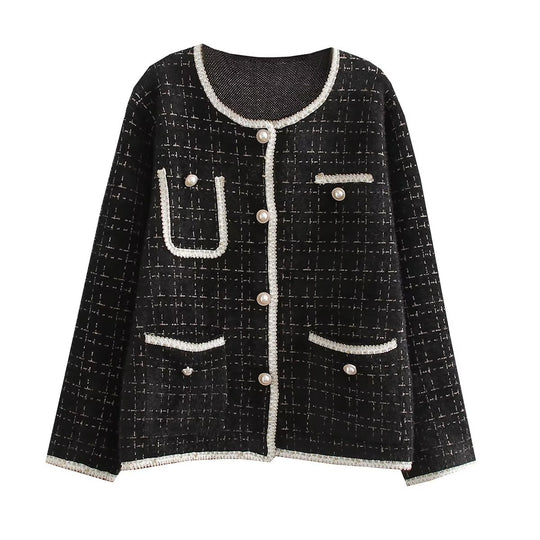 Damen Strukturierte Bouclé-Jacke mit dekorativen Perlen und Taschen EB