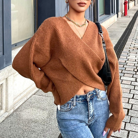Damen Gemütlicher Strickpullover mit modernem Wickeldesign EB