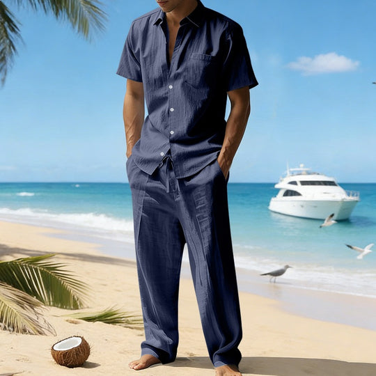 Herren nan resort-taugliches Kurzarm-Hemd mit Brusttasche und lässiger Leinen-Kordelhose EB