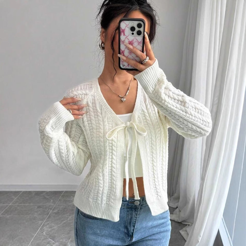 Damen Strickjacke mit modischem Kordelzug und feiner Netzstruktur EB