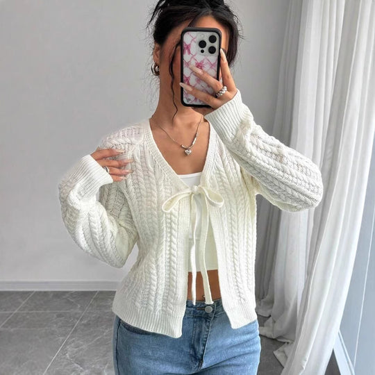 Damen Strickjacke mit modischem Kordelzug und feiner Netzstruktur EB