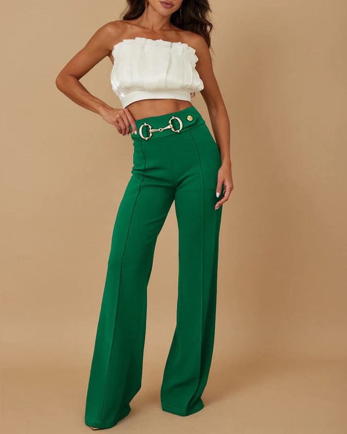 Damen weite Hochtaillenhose mit dekorativem Gürtel und eleganter Nahtführung EB